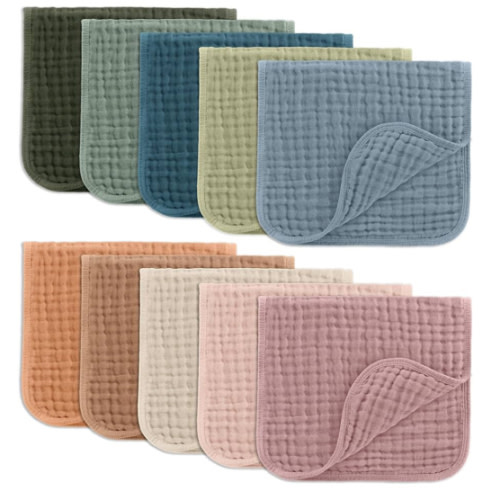 Comfy Cubs Muslin Burp Cloths 20" x 10", Pack of 10 - Large, 6-Layer, Ultra Absorbent 100% Cotton for Baby Drool and Messes - Soft, Safe & Gentle Baby Burp Cloths for Boys & Girls - Multi