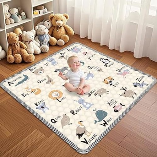 Baby Play Mat for Floor, 50x50 Playpen Mat, Soft Portable, Non-Slip Crawling Mat Machine Washable Foldable Playmate for Babies,Toddlers, Infants Indoor/Outdoor Use, Alphabet & Animal Design