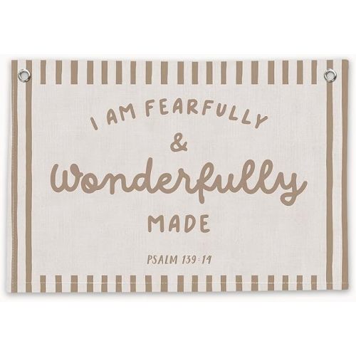 RTXLEZM Christian Nursery Decor, I Am Fearfully and Wonderfully Made Christian Canvas Banner Wall Hanging, Retro Religious Wall Art Prints for Kids Room Bedroom Playroom Nursery Decor, 20x30 Inch