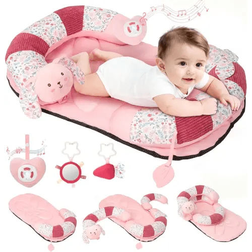 2-in-1 Tummy Time Mat & Seated Support Pillow with 5 Sensory Toys, Baby Floor Seat for Tummy Time & Early Sitting Support, Musical Stuffed Toys, Essentials Development Gifts for Newborn Babies