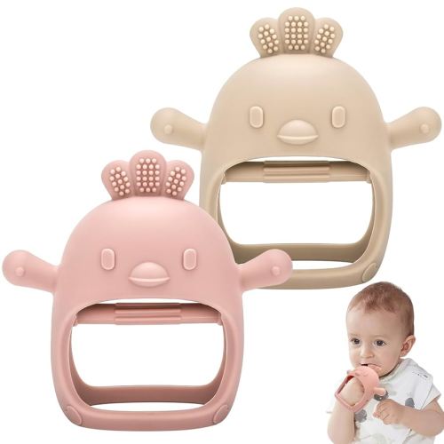 MISSLILI 2Pcs Baby Teething Toy for Infants 3+ Months, BPA Free Anti-Drop Silicone Chick Mitten Teether Toy for Soothing Sore Gums, Baby Chew Toys for Sucking Needs