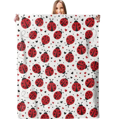 Cute Ladybug & Heart Blanket - Plush, Soft, Comfy, Lightweight, Warm, Fuzzy, Cozy Flannel Throw Blanket for Couch, Travel, Bed, Office, Outdoor - 50in60in