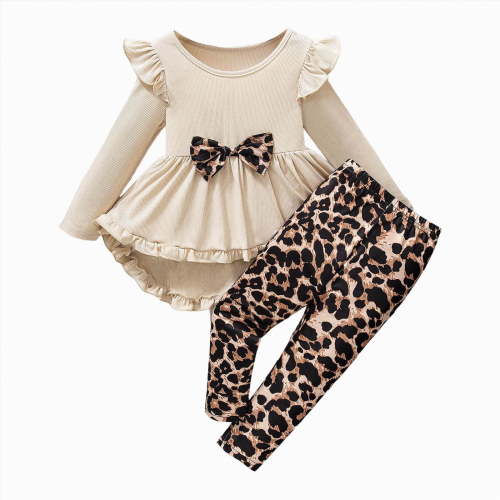 REgarm Girls Clothing Set 2 Pcs Floral Soft Crewneck Long Sleeve Top+Leggings Loose Kids Toddler Girls Fall Winter Outfits With Bowknot (Beige,3-4 Years)