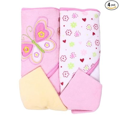Spasilk Bath Hooded Towels & Washcloths Set for Babies, 2 Hooded Terry Bath Towels & 2 Washcloths, Pink Butterfly