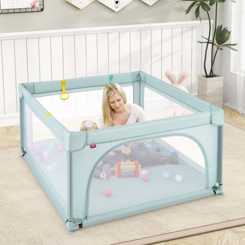 Safstar Baby Playpen, 49.5" x 49.5" Toddler Play Yard w/ 50 Ocean Balls & 4 Pull Rings, Non-Slip Safety Play Pen w/Zippered Door