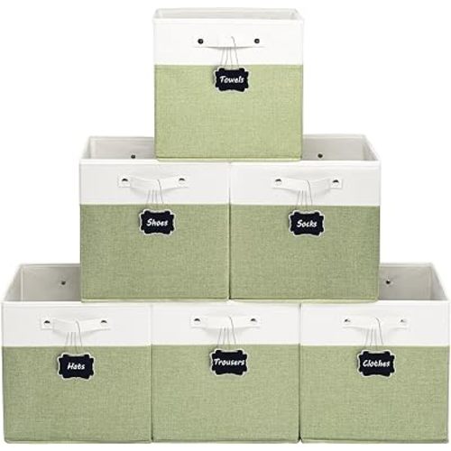 FinishingBo 13x13x13 Inches Fabric Storage Bin with Handles, Cube Storage Bins, Storage Baskets for Organizing Shelf Home Closet,6 Pack (White and Green)