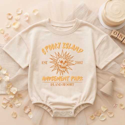 Spooky Island Baby Romper, Summer Amusement Park Bodysuit, Skull Sun Resort Infant Cloth, 90s Nostalgia Halloween Movie Toddler