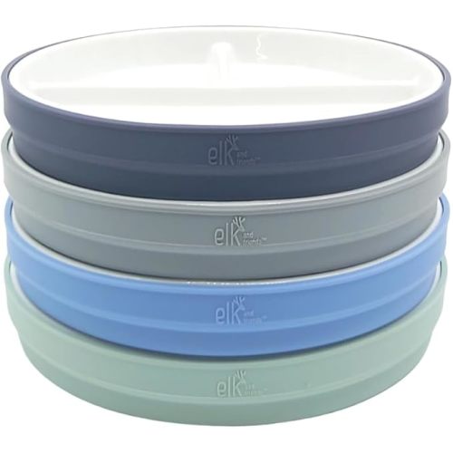 Elk and Friends Kids 7.8” Porcelain White Plates with Silicone Sleeves | Divided Plates | Suitable for Kids/Toddlers | Microwave & Dishwasher Safe | Non Slip | Snack Dishes