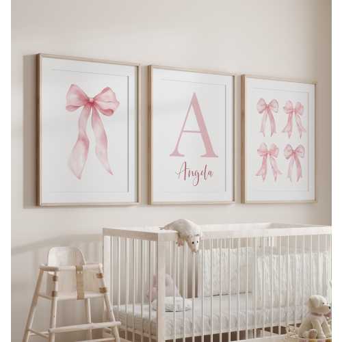 Personalized Bow Nursery Art Girl, Pink Monogram Initial Print, Printable, Set of 3 24A