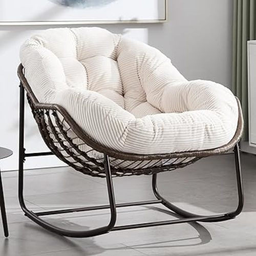HOMEFUN Outdoor Patio Rocking Chairs, Oversized Papasan Rock Chair Indoor with Striped Velvet Padded Cushion - Rocker Egg Seat for Front Porch, Garden, Patio, Backyard White