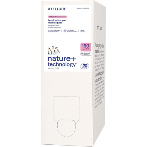 ATTITUDE Liquid Laundry Detergent Refill, EWG Verified, HE Compatible, Plant-Based & Vegan, Natural Laundry Soap, Unscented, 160 Loads, 135.26 Fl Oz