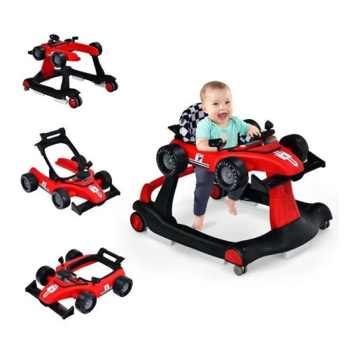4-in-1 Foldable Baby Push Walker with Adjustable Height and Music Activity Tray Red