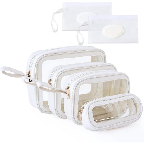 JAYTEM 6-Piece Diaper Bag Organizer Pouches Set, TPU Waterproof Clear Packing Cubes Diaper Bag with 2 Reusable Wet Wipe Dispensers, TSA Approved Kids Toiletry Bag for Travel (Ivory)