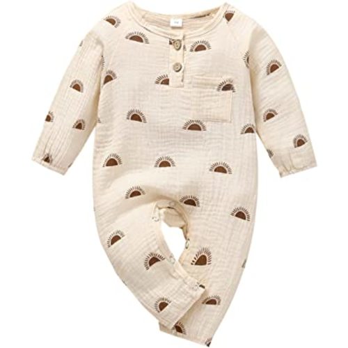 Newborn Infant Baby Boy Cotton Linen Button Sun Print Romper Bodysuit One Piece Jumpsuit Playsuits Outfits