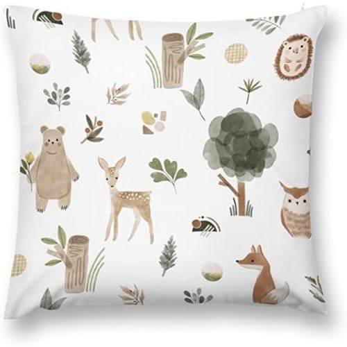 HawSkgFub Baby Boy Girl Nursery Watercolor Woodland Animals Pillowcase Throw Pillow Cover, Boho Forest Bear Deer Fox Owl Cushion Case Bedroom Playroom Decor, Neutral Baby Shower Kids Gifts 18 x 18