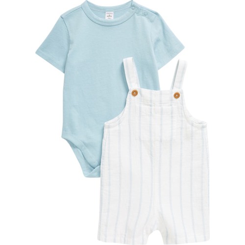 Baby Cotton Bodysuit & Shortalls Set, White- Blue Spaced Stripe