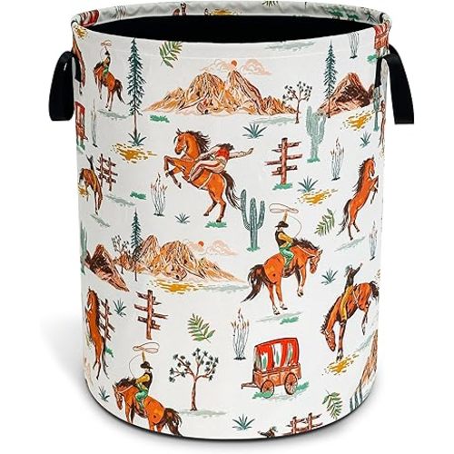 Western Cowboy Laundry Basket Horse Riding Foldable Waterproof Oxford Cloth Funny Tote Bag Laundry Hamper Clothes Storage Bucket Toy Organizer For Bathroom/Laundry Storage/Bedroom 18.9x16.5 Inch