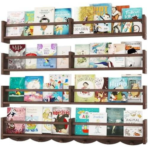 34Inch Nursery Bookshelves,Set of 4,Wall Floating Shelf Kids Coat Rack with 6Hooks,Hanging Book Shelf for Baby Nursery Room Décor (Dark Brown, 34)