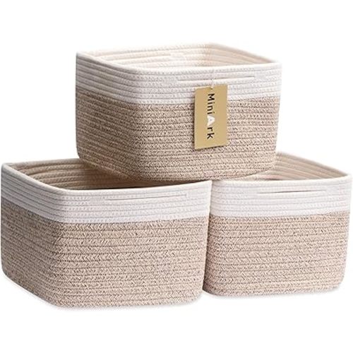 Small Organizing Baskets for Cubes Shelf, 9.7x9.7x7.1 Inch Rope Woven Storage Bins for Nursery Shelves Storage, Cute Toy Basket, Square 3 Packs Off White Brown