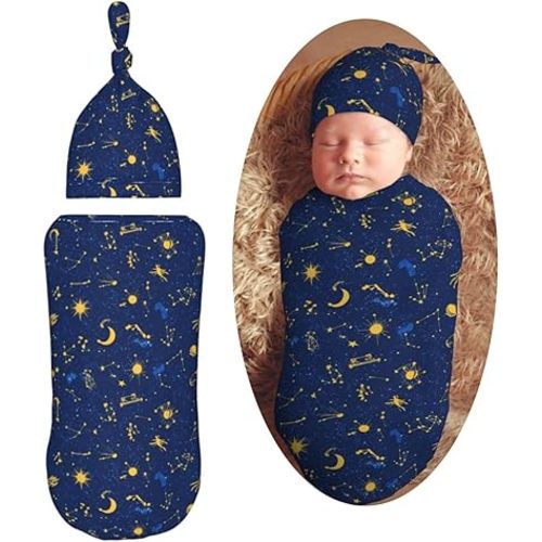 Zodiac Sign Pattern Newborn Swaddle Blankets Hat Sets Soft Baby Receiving Blanket Swaddle Sack for Baby Shower Infant Boy Girl Gift