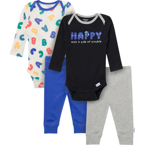 4-Piece Baby Boys Happy Letters Onesies® Bodysuits and Pants – Size 0-3 Months