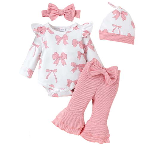 SonxaHe Newborn Girl Outfits Bow Prints Ruffle Long Sleeve Romper Flared Pants Headband Hat Infant Soft Cozy Fall Outfi Set Pink,Sized 2-3 M