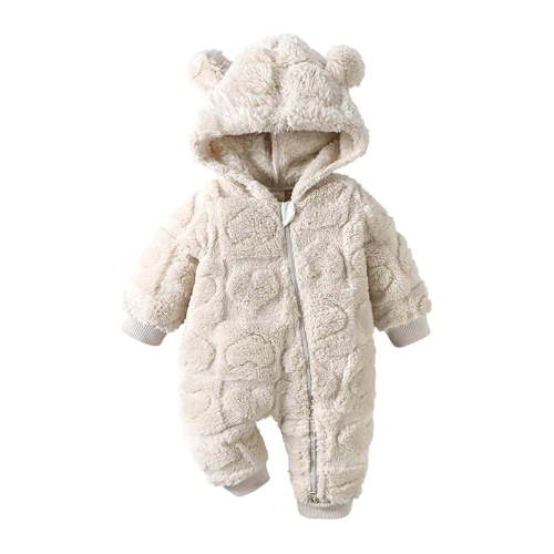 WhouRiu Girl Boy Romper Heart Flannel Long Sleeve Hooded Jumpsuit Baby Soft Cozy Thickened Warm Bodysuits Beige,Size 3-6 M