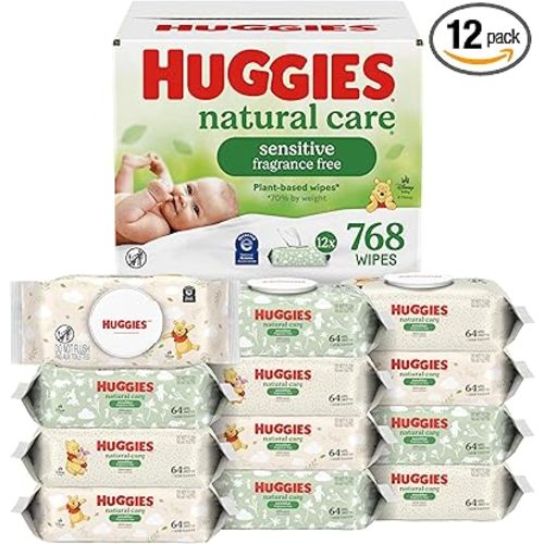 Huggies Natural Care Sensitive Baby Wipes, Unscented, Hypoallergenic, 99% Purified Water, 12 Flip-Top Packs (768 Wipes Total), Packaging May Vary