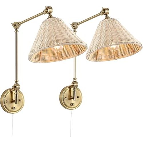 WINGBO Wall Sconce Rattan Wrapped Wall Lamp, Large Lampshade, Adjustable Swing Arm Wall Light Gold Vintage Bedside Light Fixture Wicker Handmade Shade Brass Reading Light Plug in or Hardwire (2 Pack)