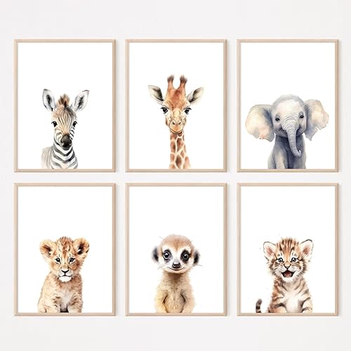 Safari Nursery Wall Art Decor Set of 6 Baby Animal Wall Art Kids Canvas Wall Art Safari Nursery Pictures Jungle Animal Prints Baby Boy Art Giraffe Painting for Room Bedroom 12x16 Inch Unframed