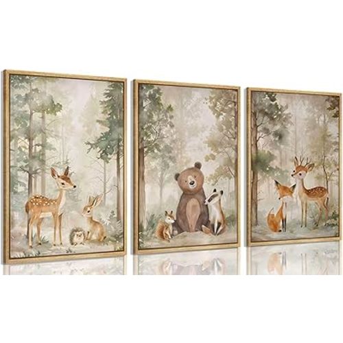 Framed Woodland Animal Nursery Canvas wall art Wild Animals Forest Paintings Pictures Wall Decor Fox Bear Deer Watercolor Poster Print