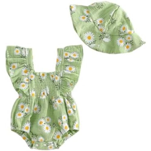Newborn Baby Girl Clothes Summer Outfit Baby Girl Romper Daisy Smocked Bodysuit with Matching Sun Hat Set 0-18M
