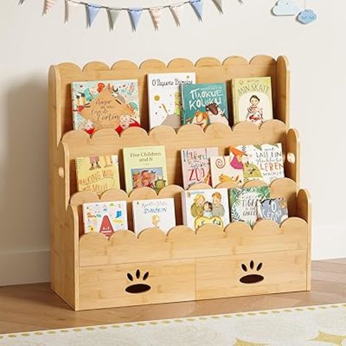 ELYKEN Kids Bookshelf with 2 Drawers, 3-Tier Bamboo Book Shelf for Kids Rooms, Toddler Bookshelf for Nursery, Montessori Bookcase, Scalloped Bookshelves for Classroom, Playroom, Natural