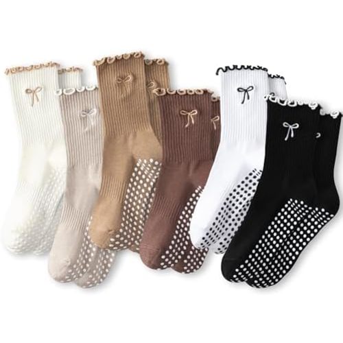 Grip Socks Pilates,4/6Pairs Cotton Cute Pilates Socks for Women, Ruffle Grippy Sock for Yoga Barre Hospital 5-10in