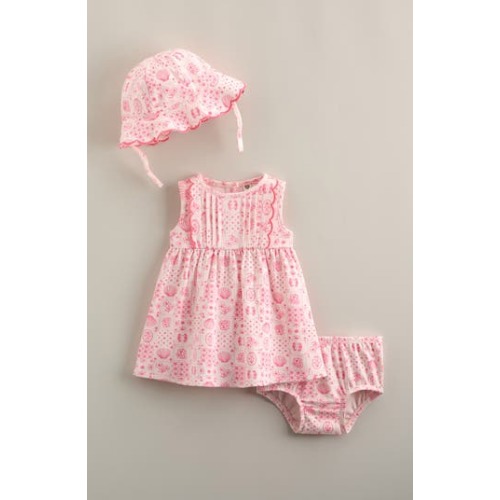 Pintuck Ruffle Cotton Dress, Hat & Bloomers Set