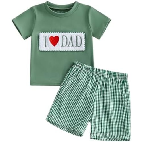 Toddler Baby Boy Fathers Day Outfit I Love Dad Embroidery Smocked Short Sleeve T-Shirt Top and Plaid Shorts Set