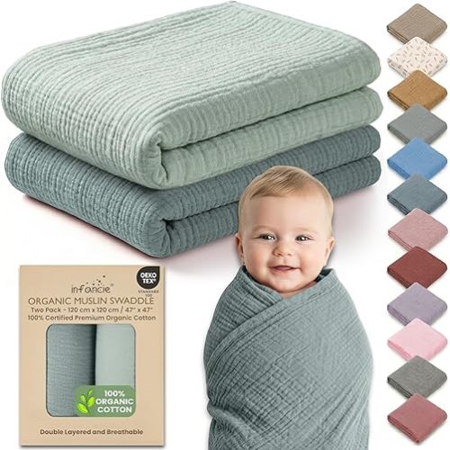 100% Organic Cotton Muslin Baby Blanket - 47 x 47 Inch Breathable Swaddle Blankets for Newborns, Hypoallergenic Double-Layer, Soft and Cozy Baby Blankets for Everyday Use (Green/Mint Green)