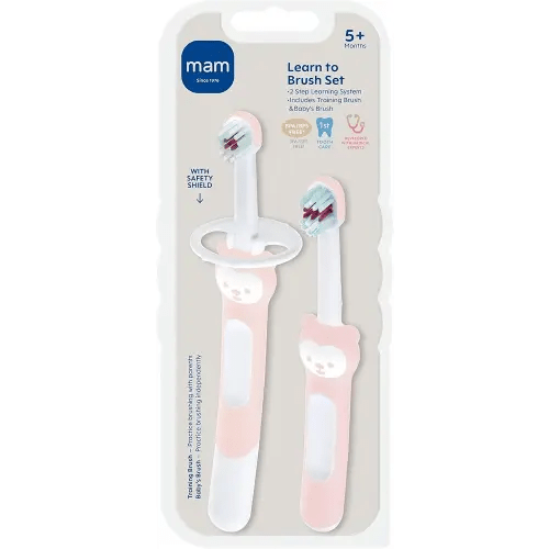 MAM Learn to Brush Set (1 Baby's Brush Toothbrush, 1 Training Brush, 1 Safety Shield), Baby Toothbrushes with Brushy The Bear, Interactive App, for Girls 5+ Months, Blue