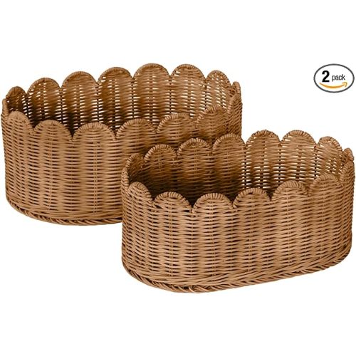 BEBE BASK Premium Scalloped Basket Set Of 2 - Scallop Basket - 16 x 10 x 7 Inch - Hand-Woven Elegant Wicker With Scalloped Edge - Nursery Storage (Mocca)