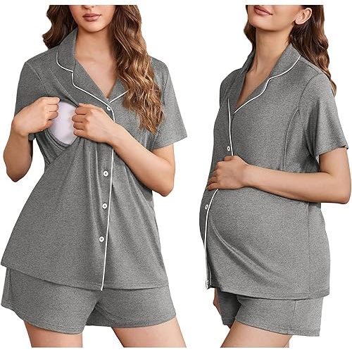 Ekouaer Women's Maternity Nursing Pajama Sets Button Down Postpartum Pajamas Short Sleeve Breastfeeding Clothes