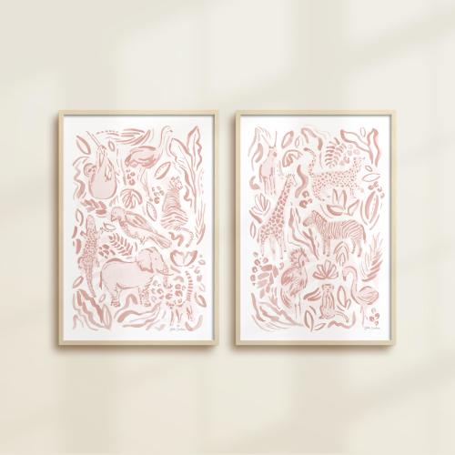 Pink Safari Animal Print Set: Watercolor Jungle Nursery Art (Digital Download)