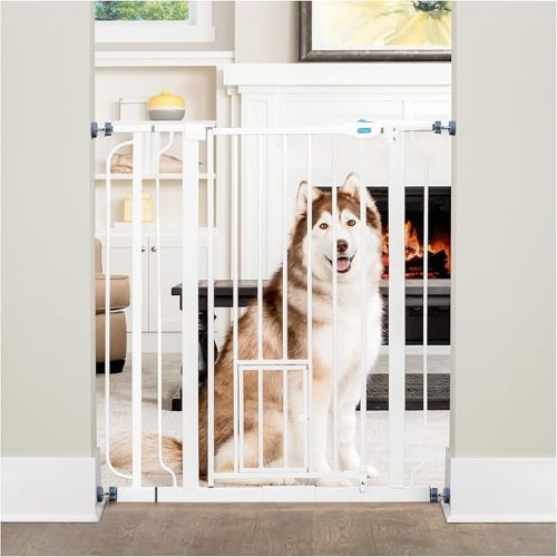 Carlson 36" Extra Tall Walk Through Dog Gate for Doorways & Bottom of Stairs, Metal Pet Gate with Small Pet Door, Expands 29.5”–36.5”, White