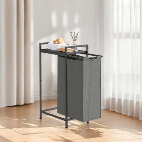 LEDREM Stylish Laundry Hamper - Pull-Out Bag, Removable Shelf, Metal Frame, 12.7 Gallons , 16.5 x 11 x 29.5 Inches, Slate Gray/Charcoal Gray