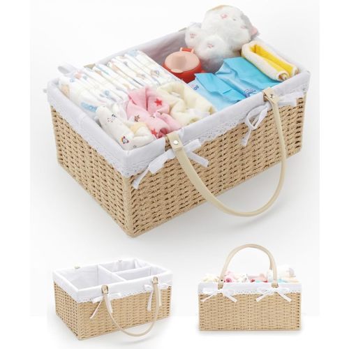 Large Baby Diaper Caddy Basket - Wicker Paper Rope Storage Baskets Portable Woven Car Organizer for Diapers With Cotton Divider Brown