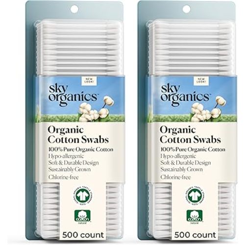 Sky Organics - Organic Cotton Swabs, 1000 ct. - Ultra Soft Tips - Strong & Durable - Hypoallergenic - Chlorine Free - Sustainable - Natural, Vegan & Cruelty Free - Skin Care & Self Care