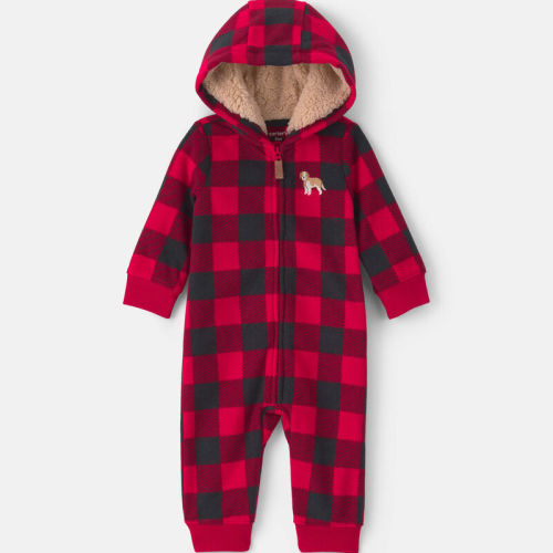 Baby Boy Buffalo Check Fleece Long-Sleeve Jumpsuit - Red/Black | Carter’s Oshkosh Canada