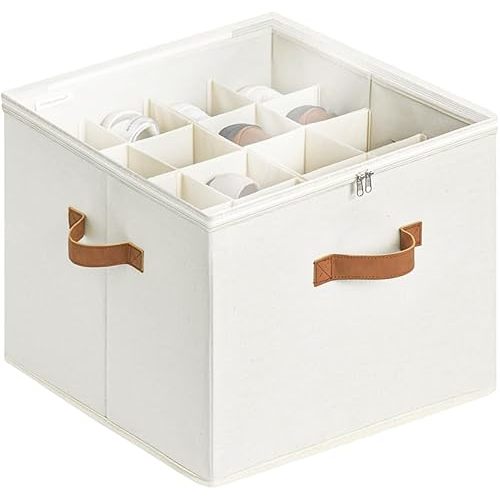 StorageWorks Shoe Organizer for Closet, Fits up to 16 Pairs, Shoe Cubby Storage Containers with Adjustable Dividers and Clear Cover, Beige