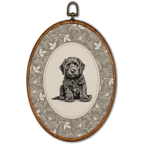 KSDUT Retro Floral Black Labradoodle Dog Oval Wall Art 8.6"x11.4"