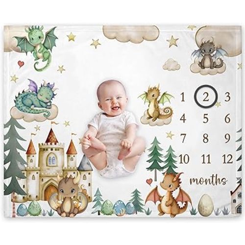 Yuzioey Boy Dragon Milestone Blanket, Dragon Fairy Tale Baby Growth Chart Monthly Blanket, Watch Me Grow Boy Dragon Baby Nursery for New Moms Baby Shower(50"x40")