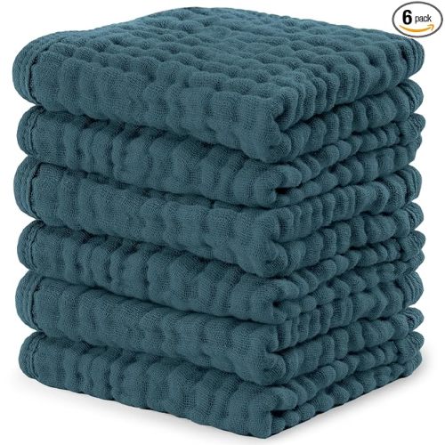 Comfy Cubs Muslin Baby Washcloths 6 Pack - Soft 6-Layer Cotton Wash Cloths for Sensitive Skin - 10"x10" Large, Gentle, Absorbent Infant Essentials for Newborn and Toddlers - Neptune